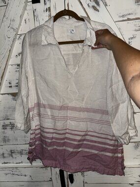 Sigrid Olsen Linen Top Lagenlook Large Lilac White V Neck Popover Tunic Button